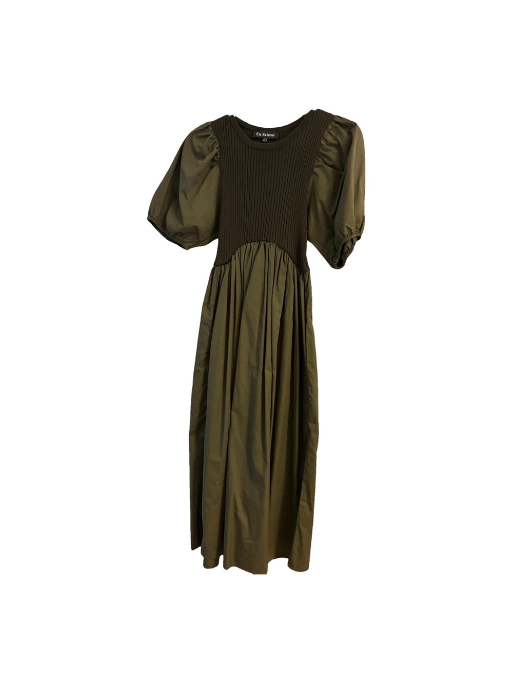 En Saison Olive Puff-Sleeve Midi Dress